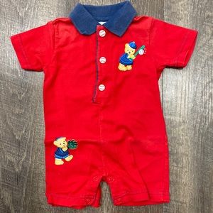CC Baby one piece, short, set w/ baseball buttons and snaps beneath size 0-3 mos